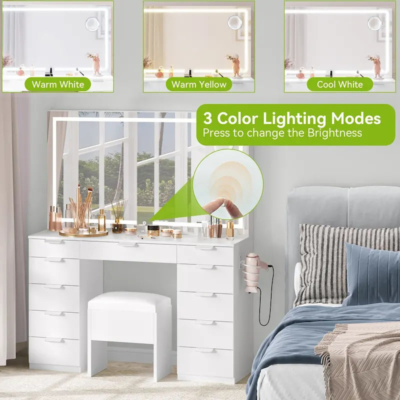 Coiffeuse 46 po avec prise intégrée, miroir éclairé et support pour sèche-cheveux – 55,8 H x 46 L x 11,7 P