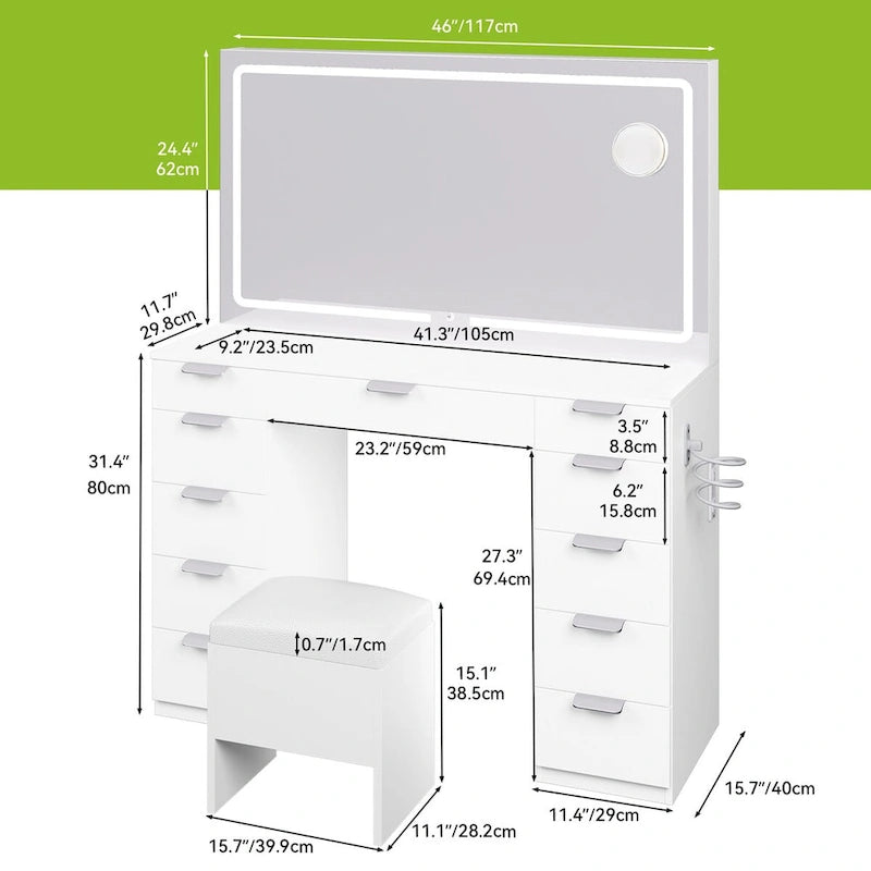 Coiffeuse 46 po avec prise intégrée, miroir éclairé et support pour sèche-cheveux – 55,8 H x 46 L x 11,7 P