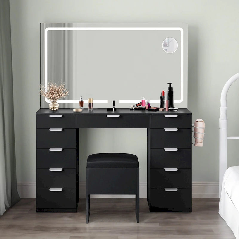 Coiffeuse 46 po avec prise intégrée, miroir éclairé et support pour sèche-cheveux – 55,8 H x 46 L x 11,7 P