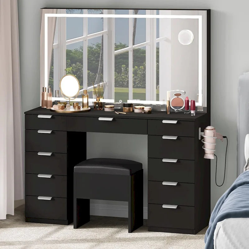 Coiffeuse 46 po avec prise intégrée, miroir éclairé et support pour sèche-cheveux – 55,8 H x 46 L x 11,7 P