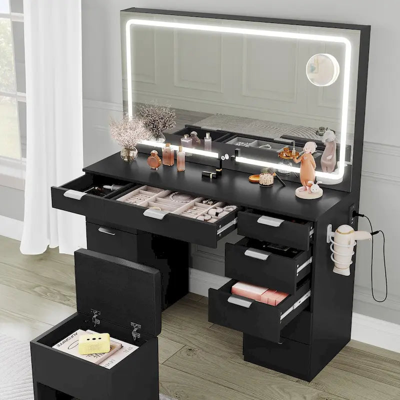 Coiffeuse 46 po avec prise intégrée, miroir éclairé et support pour sèche-cheveux – 55,8 H x 46 L x 11,7 P
