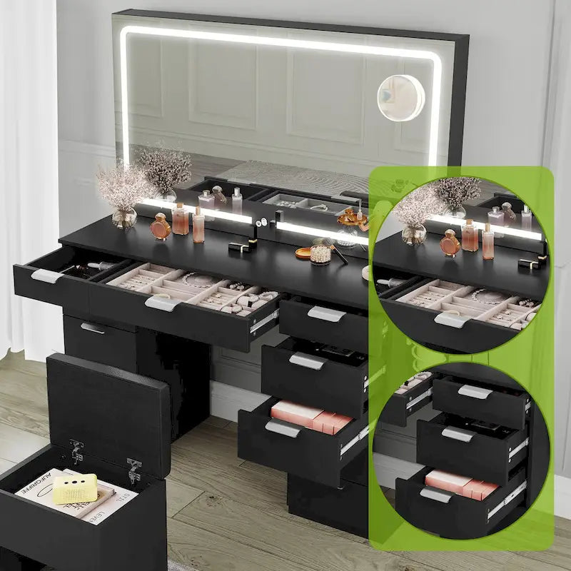 Coiffeuse 46 po avec prise intégrée, miroir éclairé et support pour sèche-cheveux – 55,8 H x 46 L x 11,7 P