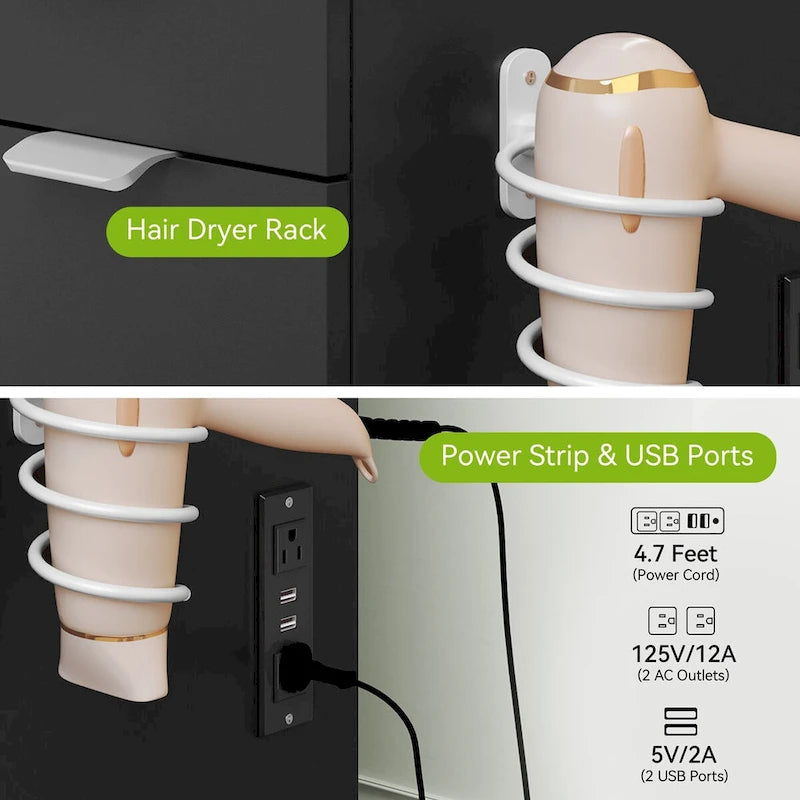 Coiffeuse 46 po avec prise intégrée, miroir éclairé et support pour sèche-cheveux – 55,8 H x 46 L x 11,7 P