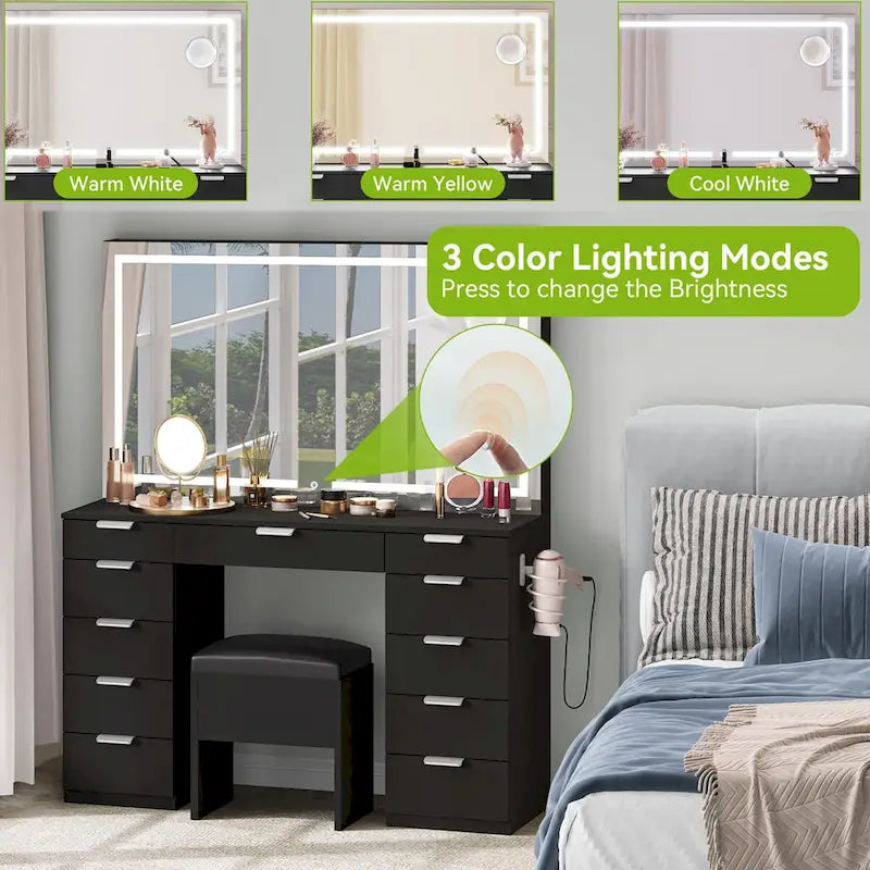 Coiffeuse 46 po avec prise intégrée, miroir éclairé et support pour sèche-cheveux – 55,8 H x 46 L x 11,7 P