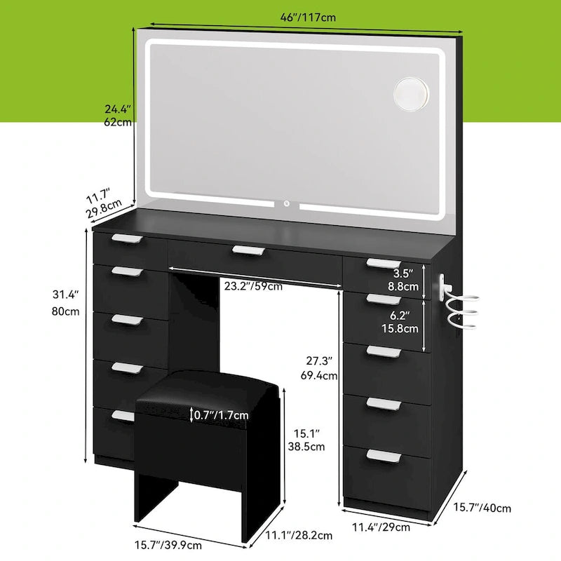 Coiffeuse 46 po avec prise intégrée, miroir éclairé et support pour sèche-cheveux – 55,8 H x 46 L x 11,7 P
