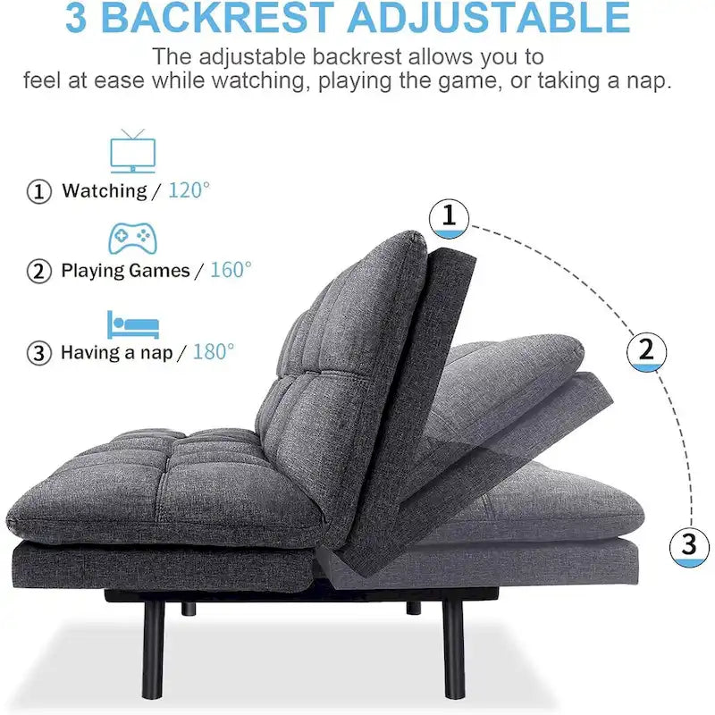 Canapé convertible, futon modulable avec accoudoirs réglables pour studio, appartement, bureau, petit espace