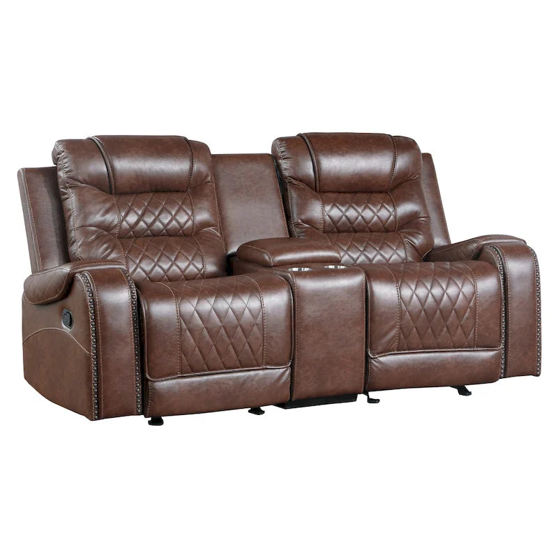 Causeuse Inclinable Manuelle de 78 Pouces, Console Porte-Gobelet en Similicuir Marron