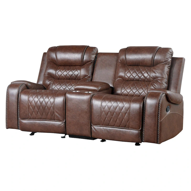 Causeuse Inclinable Manuelle de 78 Pouces, Console Porte-Gobelet en Similicuir Marron