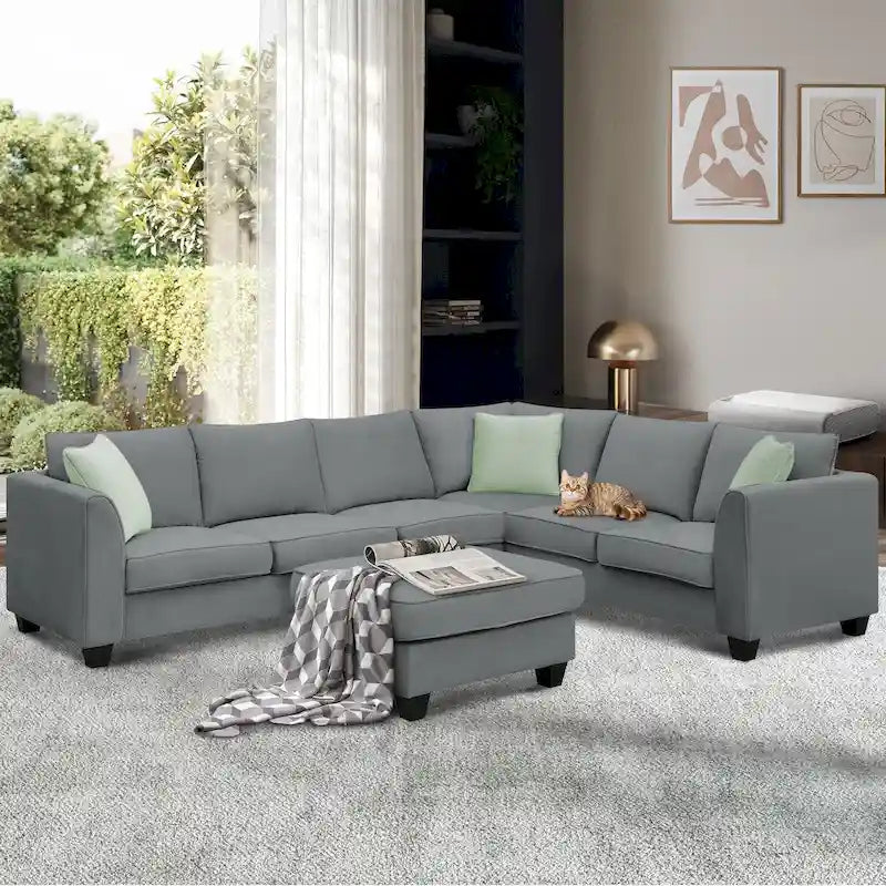 Canapé modulable 112*87 Sectional Sofa Couche Living Room Sets, Canapé modulable 7 places avec pouf, Canapé d'angle en forme de L avec 3 oreillers