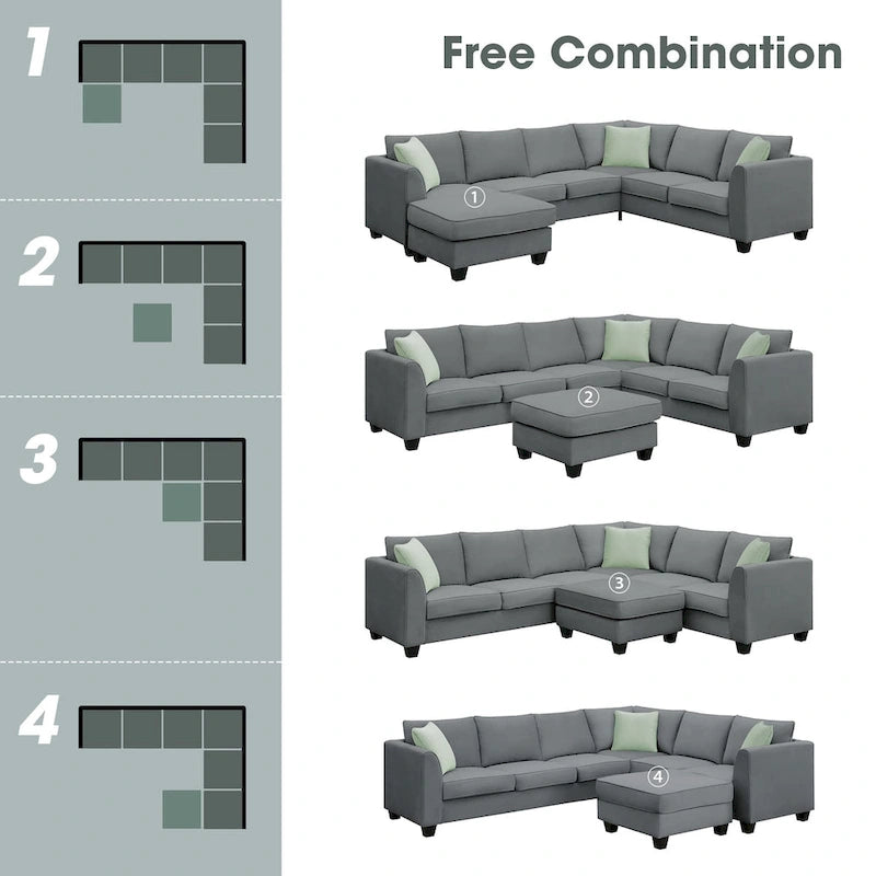 Canapé modulable 112*87 Sectional Sofa Couche Living Room Sets, Canapé modulable 7 places avec pouf, Canapé d'angle en forme de L avec 3 oreillers