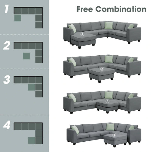 Canapé modulable 112*87 Sectional Sofa Couche Living Room Sets, Canapé modulable 7 places avec pouf, Canapé d'angle en forme de L avec 3 oreillers