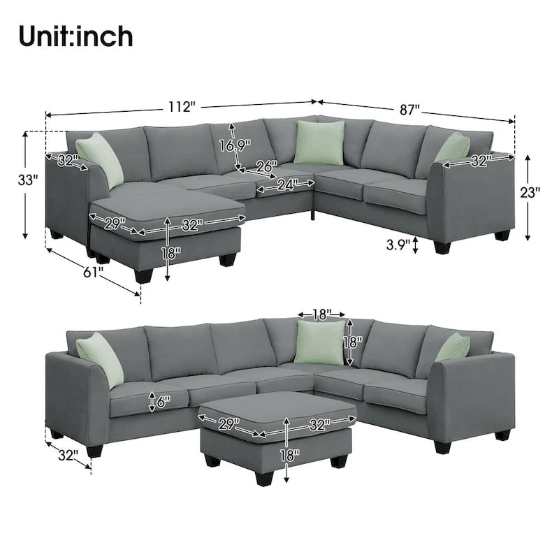 Canapé modulable 112*87 Sectional Sofa Couche Living Room Sets, Canapé modulable 7 places avec pouf, Canapé d'angle en forme de L avec 3 oreillers