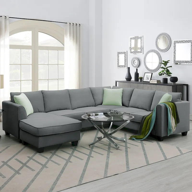 Canapé modulable 112*87 Sectional Sofa Couche Living Room Sets, Canapé modulable 7 places avec pouf, Canapé d'angle en forme de L avec 3 oreillers