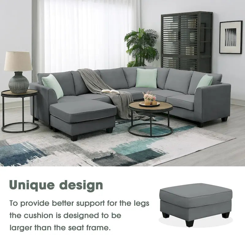 Canapé modulable 112*87 Sectional Sofa Couche Living Room Sets, Canapé modulable 7 places avec pouf, Canapé d'angle en forme de L avec 3 oreillers
