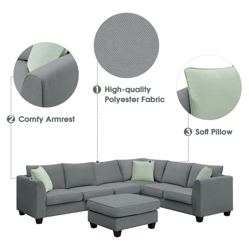 Canapé modulable 112*87 Sectional Sofa Couche Living Room Sets, Canapé modulable 7 places avec pouf, Canapé d'angle en forme de L avec 3 oreillers
