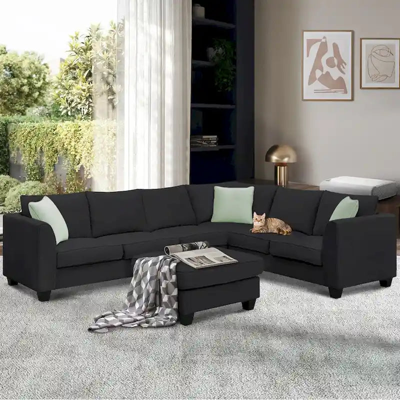 Canapé modulable 112*87 Sectional Sofa Couche Living Room Sets, Canapé modulable 7 places avec pouf, Canapé d'angle en forme de L avec 3 oreillers