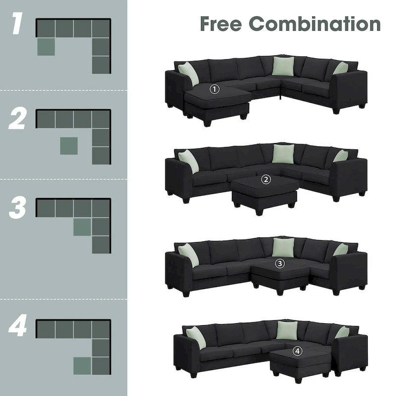 Canapé modulable 112*87 Sectional Sofa Couche Living Room Sets, Canapé modulable 7 places avec pouf, Canapé d'angle en forme de L avec 3 oreillers