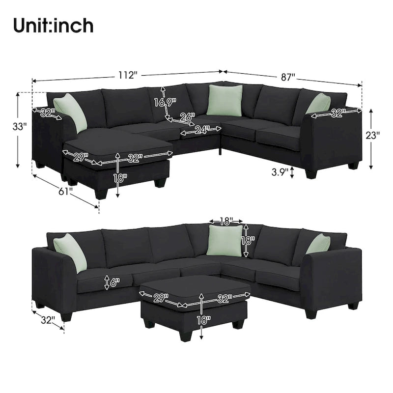 Canapé modulable 112*87 Sectional Sofa Couche Living Room Sets, Canapé modulable 7 places avec pouf, Canapé d'angle en forme de L avec 3 oreillers