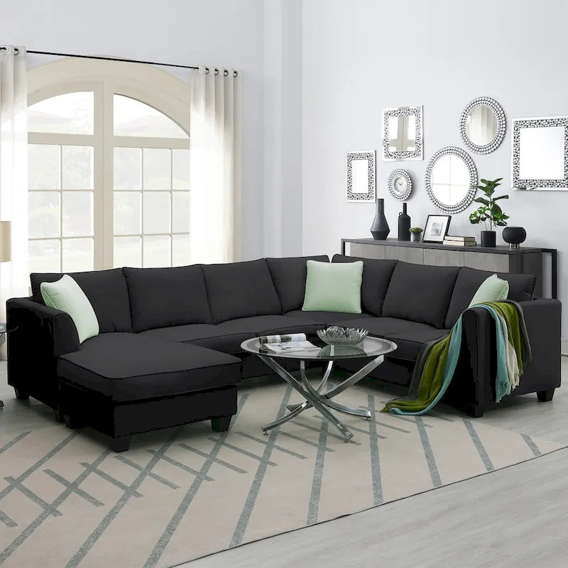 Canapé modulable 112*87 Sectional Sofa Couche Living Room Sets, Canapé modulable 7 places avec pouf, Canapé d'angle en forme de L avec 3 oreillers