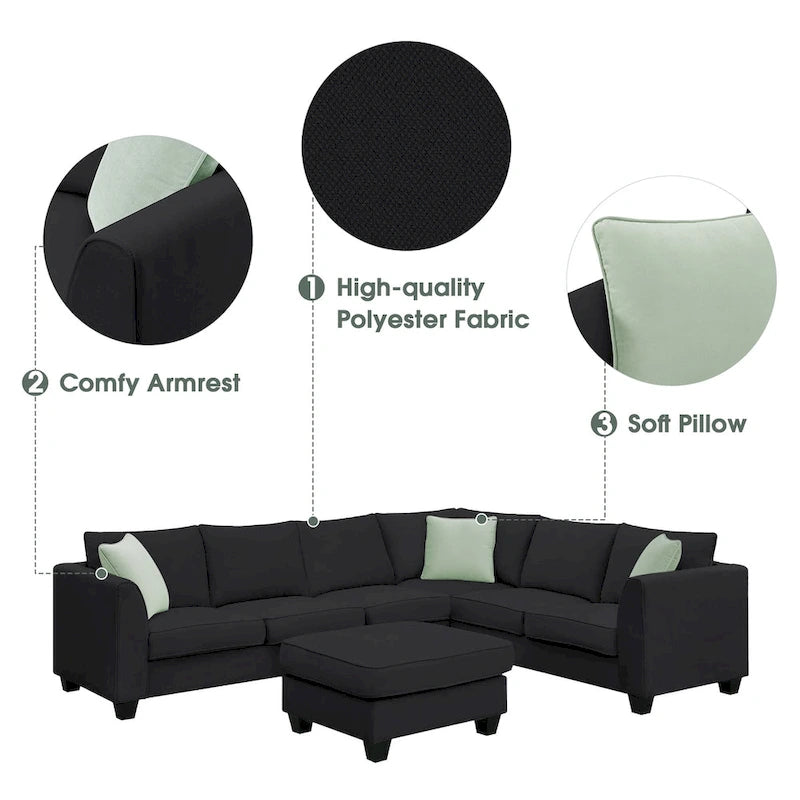 Canapé modulable 112*87 Sectional Sofa Couche Living Room Sets, Canapé modulable 7 places avec pouf, Canapé d'angle en forme de L avec 3 oreillers