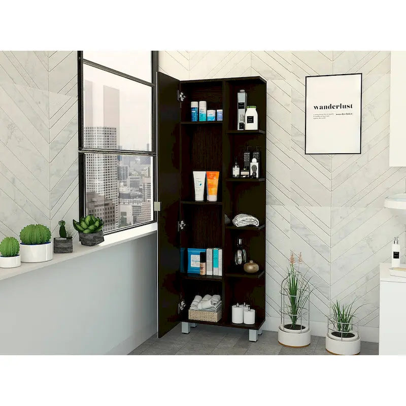 Rénovation armoire à linge miroir, quatre étagères intérieures, finition wengé noir